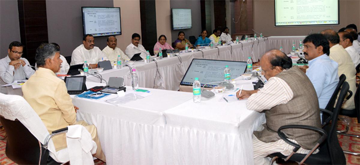 Chief Minister N Chandrababu Naidu holding the Cabinet meeting at his camp office in Vijayawada on Friday